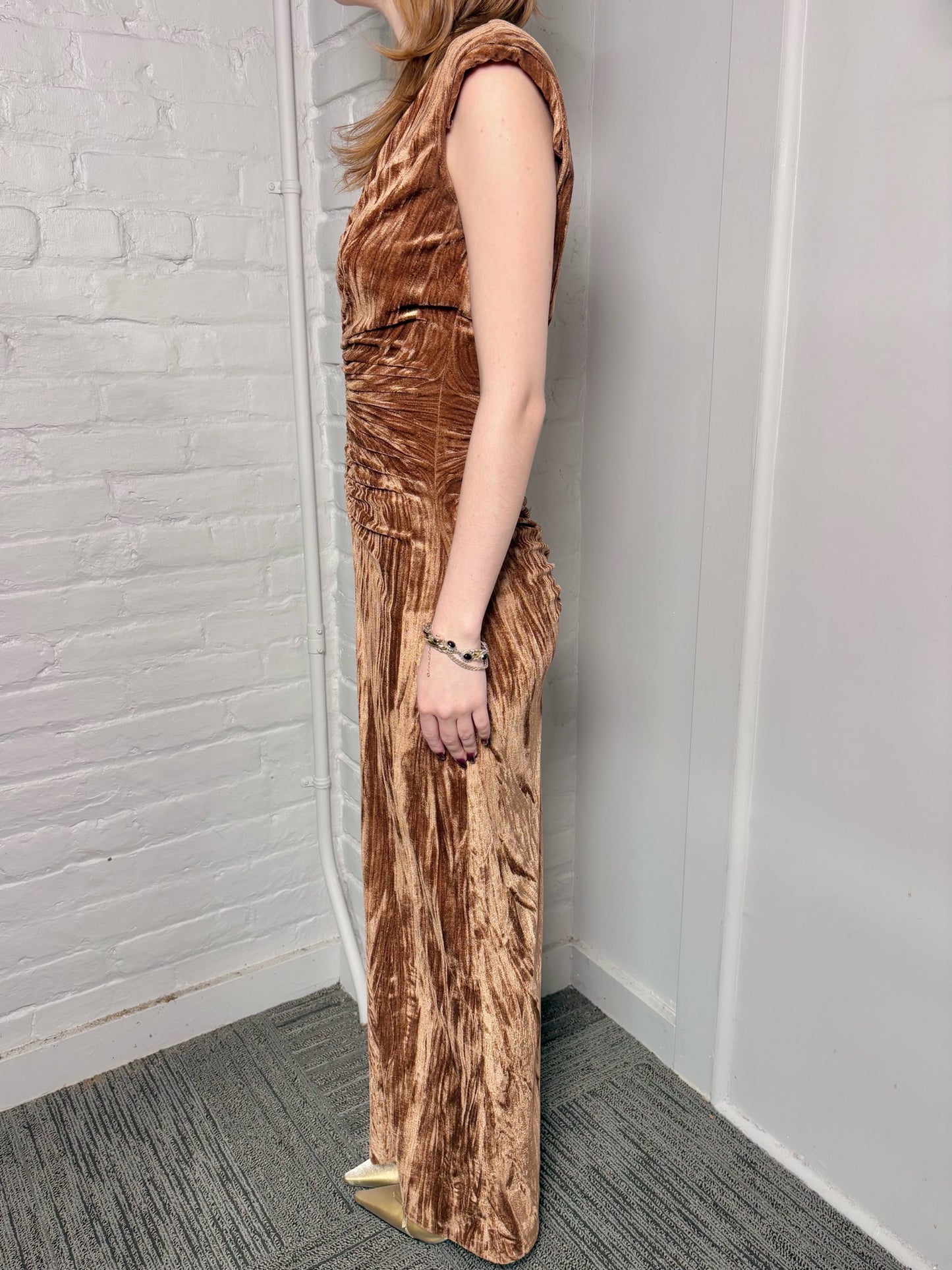 Women Size XS Ronny Kobo "Hayley Dress" Caramel Crushed Velvet Midi Dress