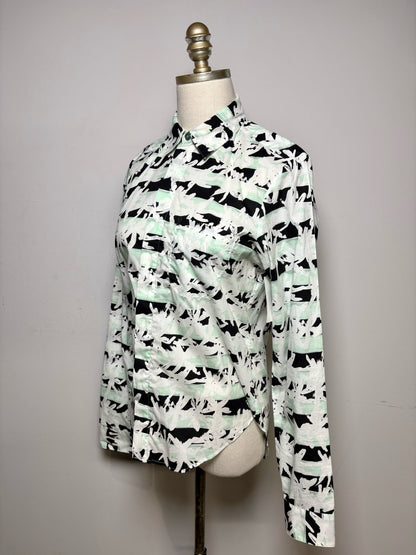 Women's Size 36 (XS) Kenzo White Black & Mint Green Geometric Print Cotton Pre-Owned Shirt