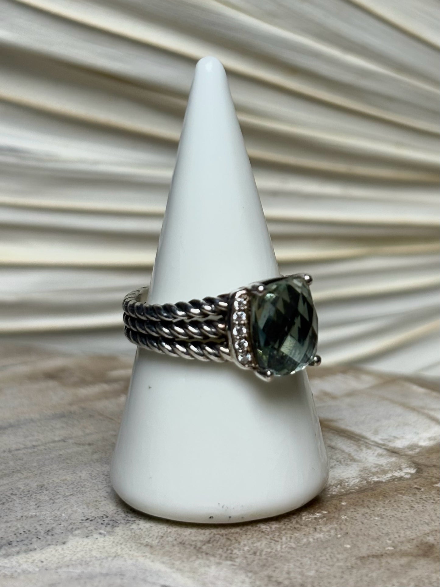 David Yurman Petite Wheaton Prasiolote, Pave' Diamonds Sz 6.5  Ring