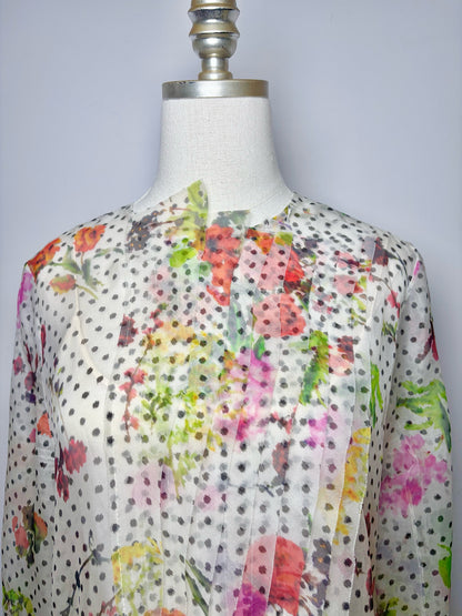 Women Size 14 Oscar de la Renta Multi-Color Dot, Floral Print Blouse
