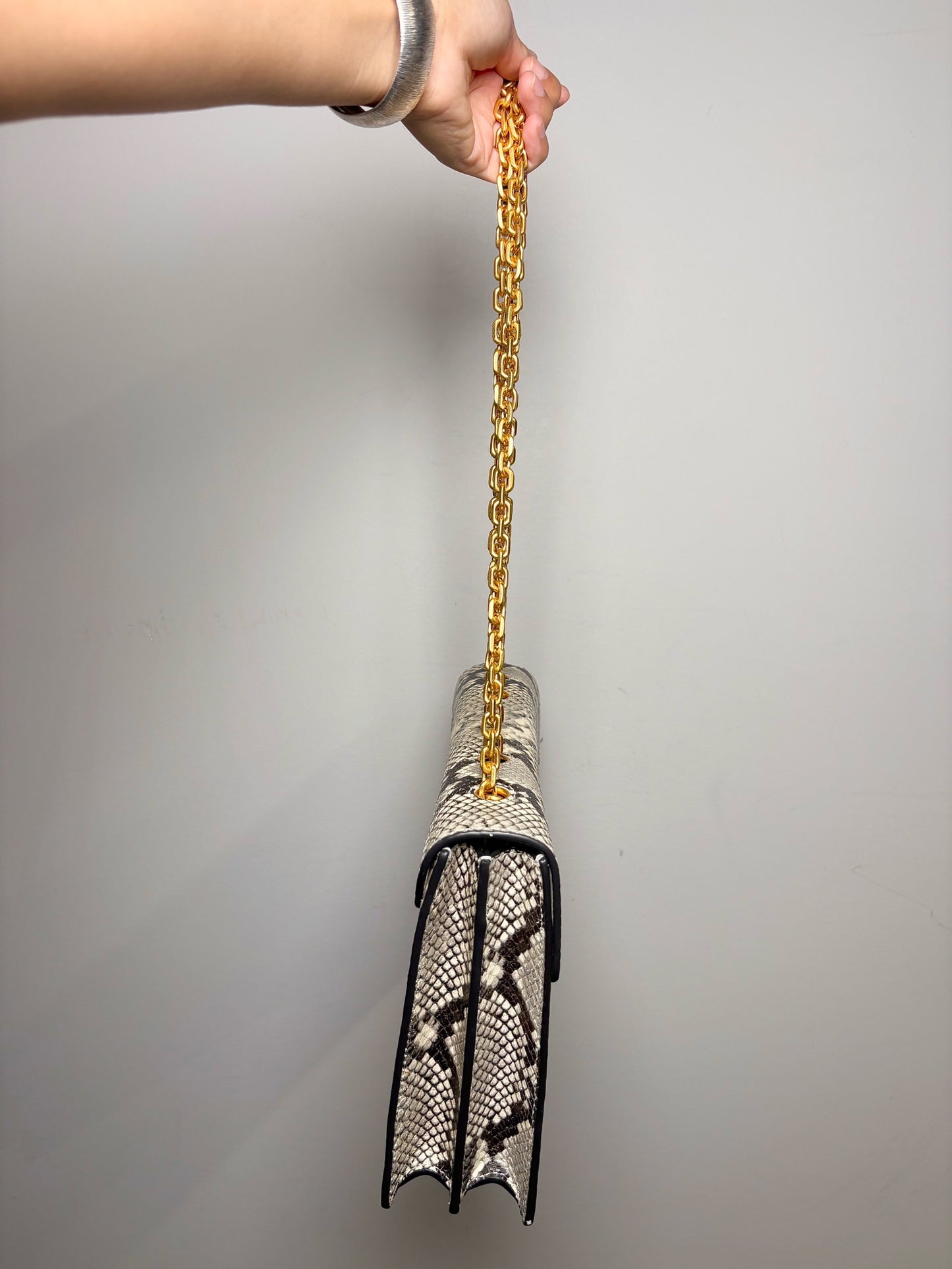 Tory Burch Snakeskin Print Leather Gray, Cream Gemini Link Purse