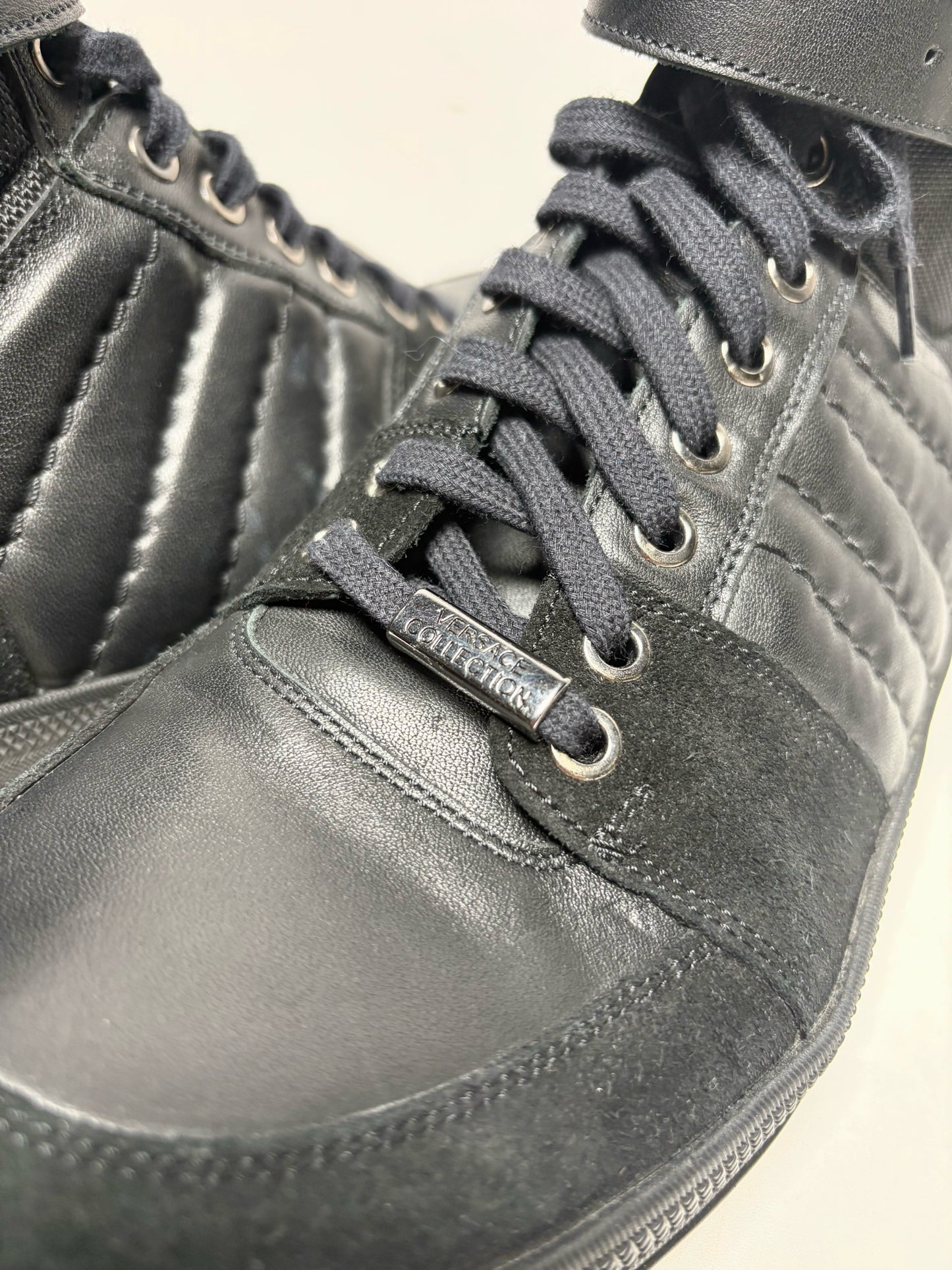 Men Shoe Size US 10 Versace Collection Black Leather & Nylon Pre-Owned High-Top Sneakers