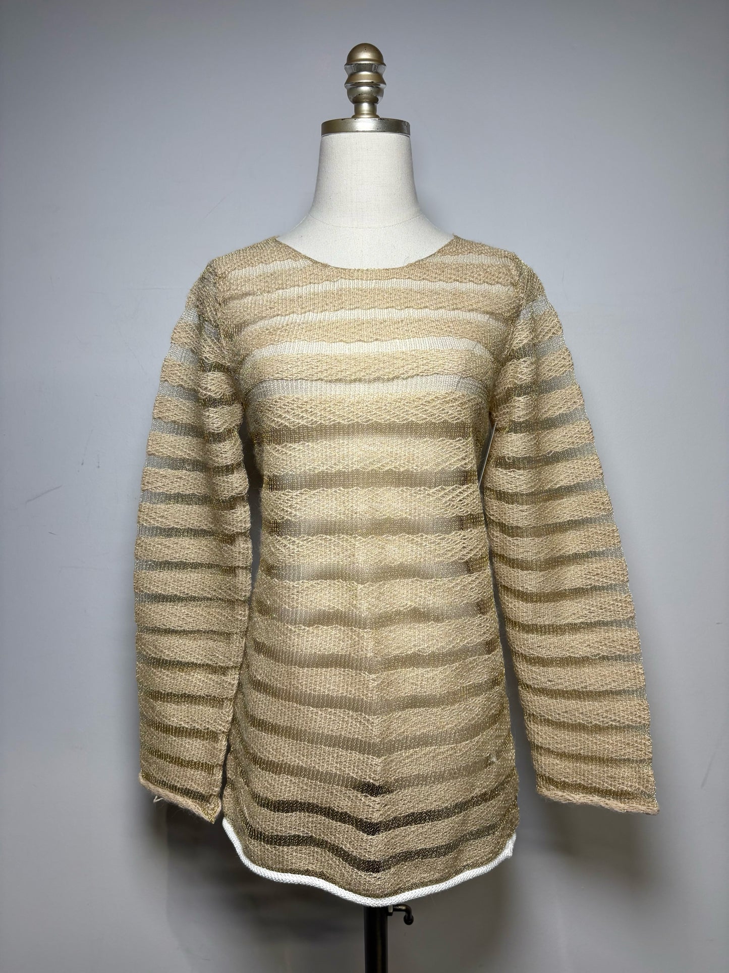Women Size S Comme des Garcon Metallic Beige Woven Stripes Wool Blend Top