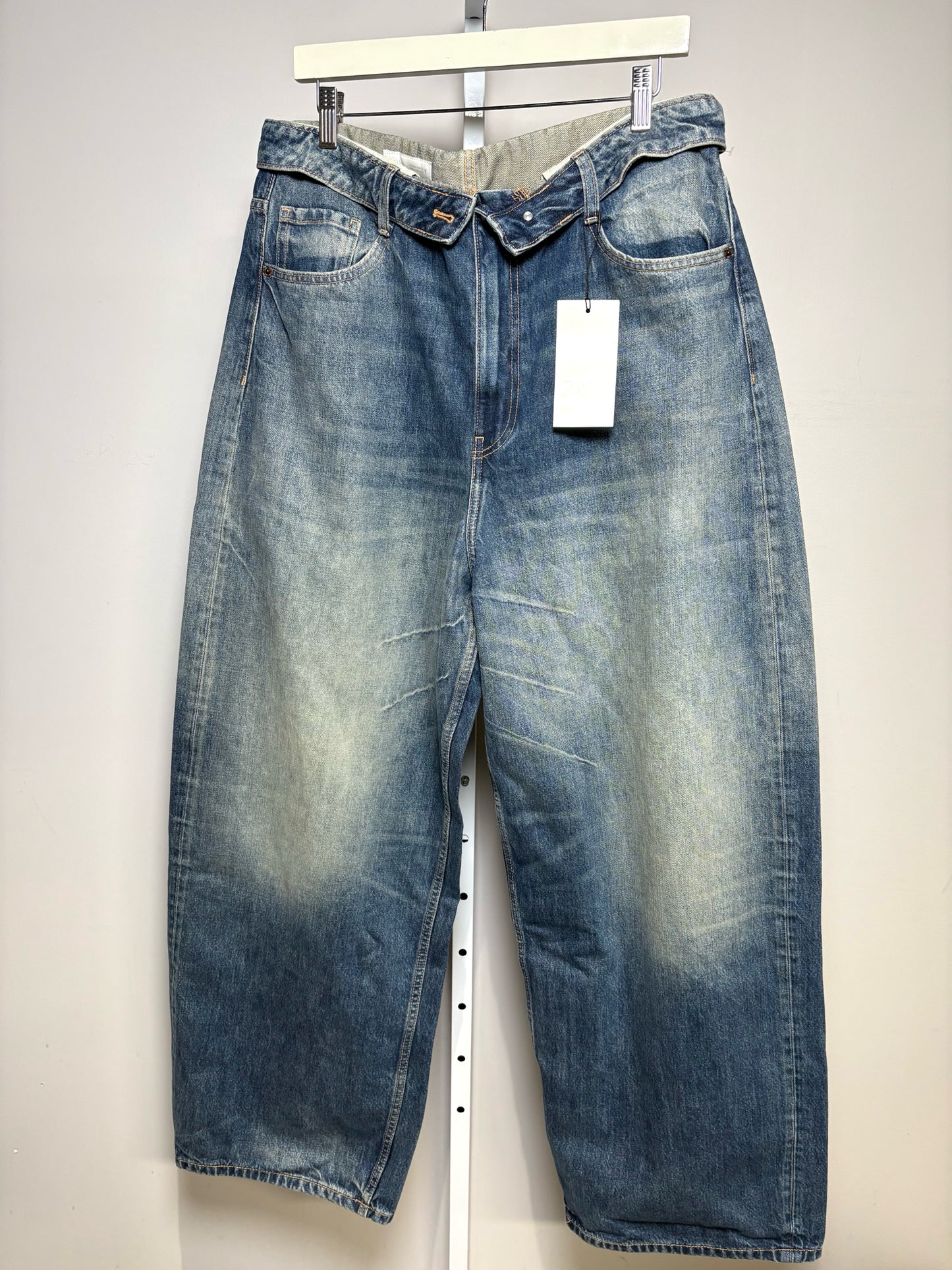 Women Size 12 ZARA Blue Washed Pure Cotton NWT Pre-Owned Fold-Over Waist Jeans