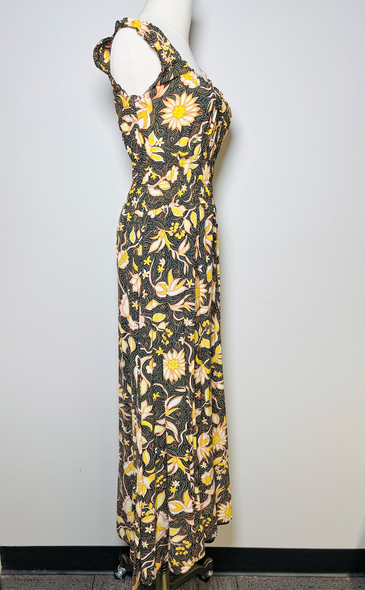 Women Size 2 The Kooples Black, Salmon, Yellow, Green Floral Print Dress