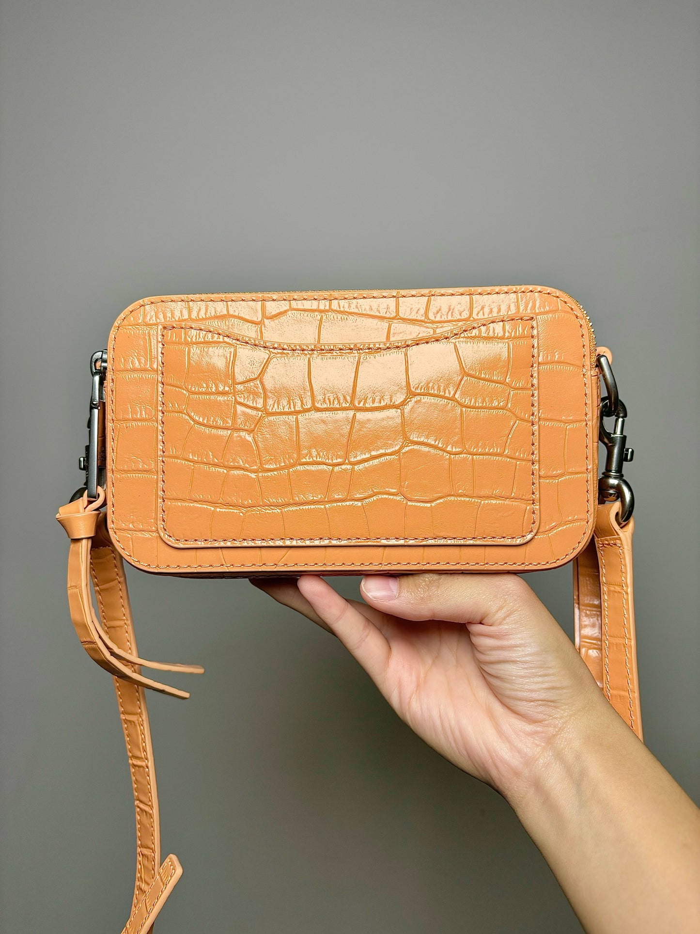 Marc Jacobs Croc Embossed Leather Peach Camera Crossbody Purse