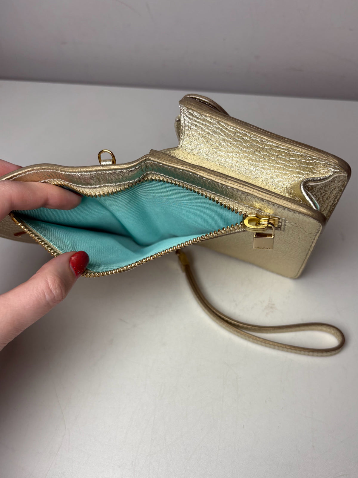 Women's Authentic Tiffany & Co. Metallic Gold Cowhide Leather Pre-Owned Small Crossbody Bag