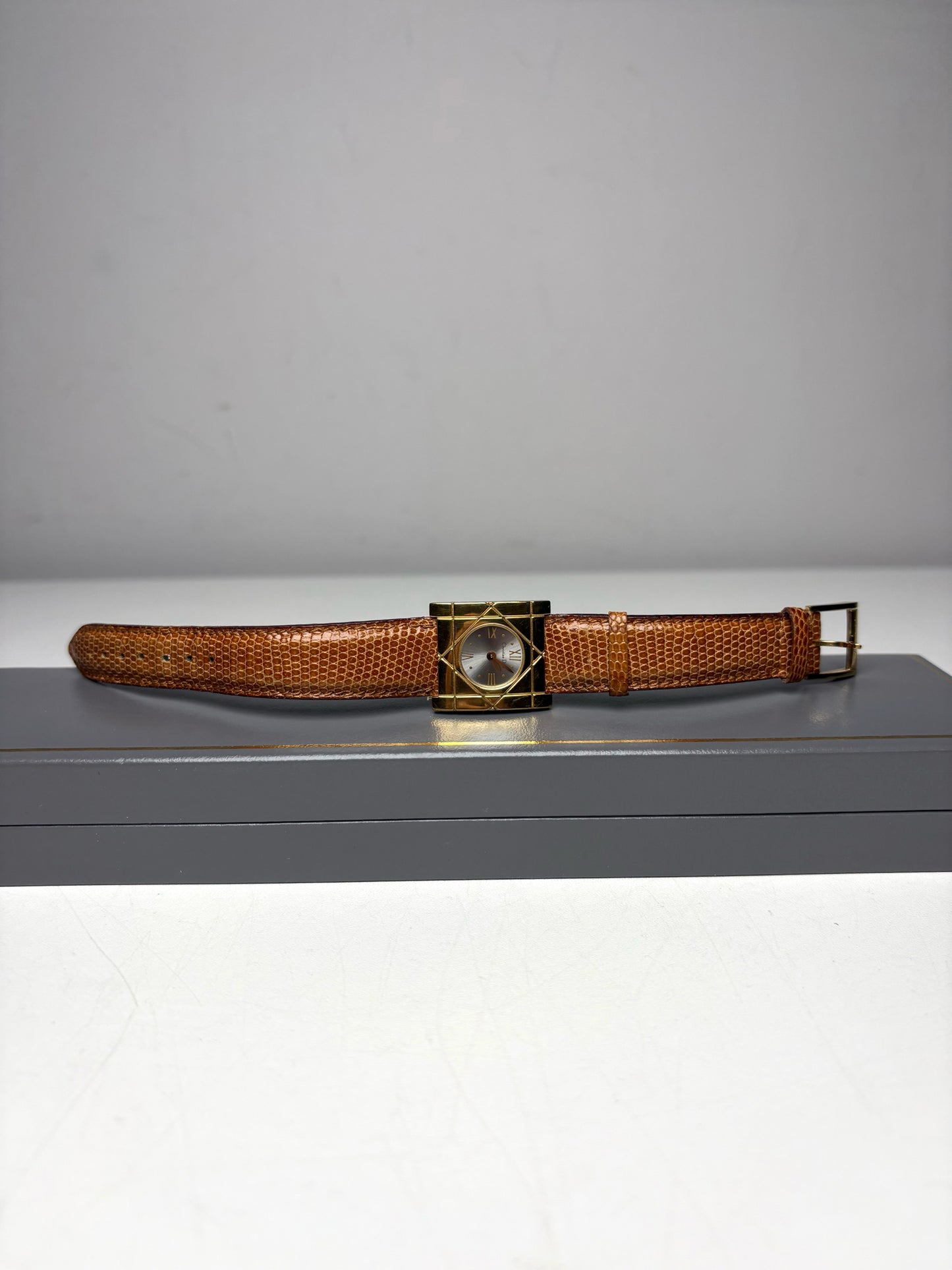 Women's Christian Dior Cannage 24mm Gold-Plated Lizard Leather Vintage Pre-Owned Quartz Watch