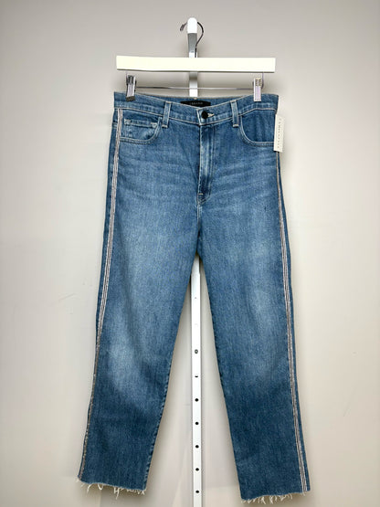 Women's Size 28 J Brand Jules Blue Crystal Accent Pre-Owned Straight Leg Frayed Hem Jeans