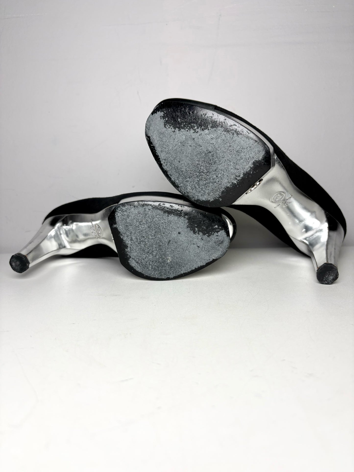 W Shoe Size 41.5 Chanel Black, Silver Leather Suede Pre-owned Heels