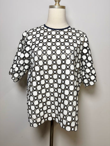 Women Size 4 Tory Burch Blue, White Geometric Embroidered Gloria Shirt