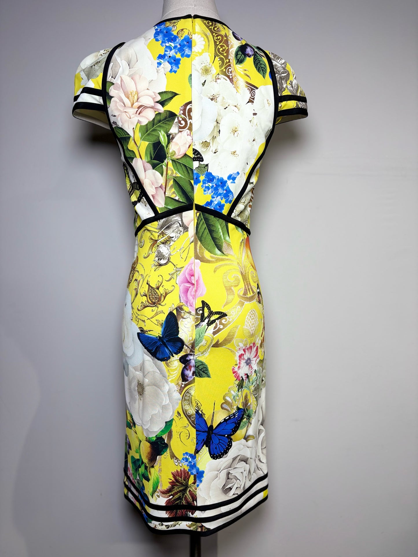 Women Size 40 Roberto Cavalli Yellow Black Wonderland Sheath Floral Print Dress