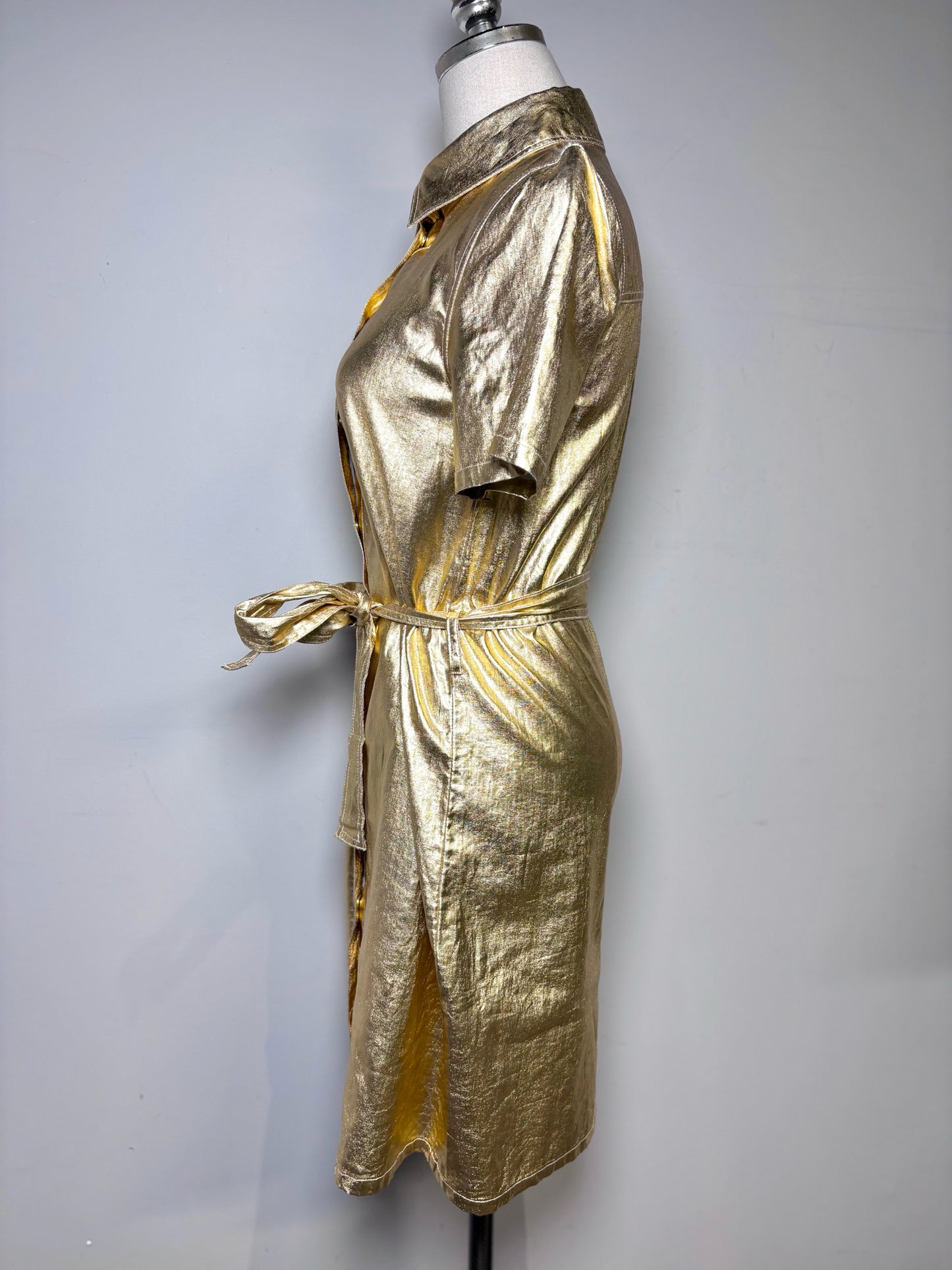 Women Size XS Lanthropy Metallic Gold Solid 100% Linen Pre-owned Shirt Dress