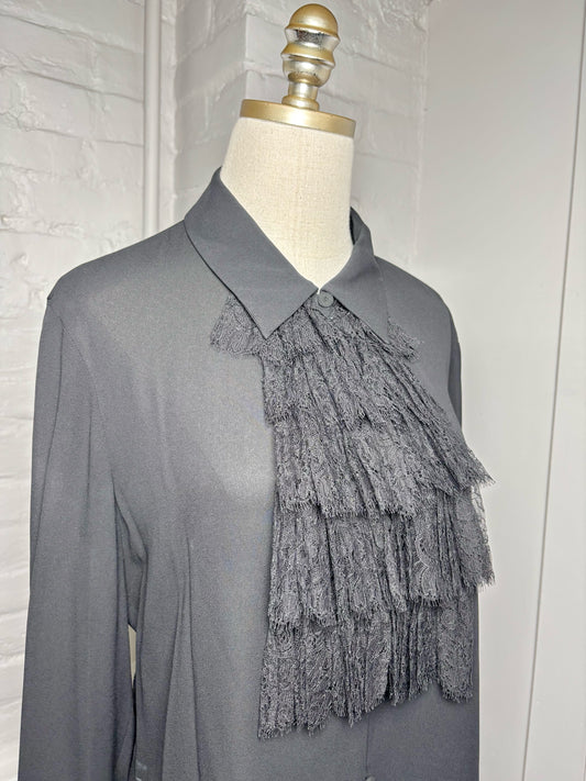 Women Size 40 (0, US) Escada Black Solid Silk Lace Bib Front Blouse