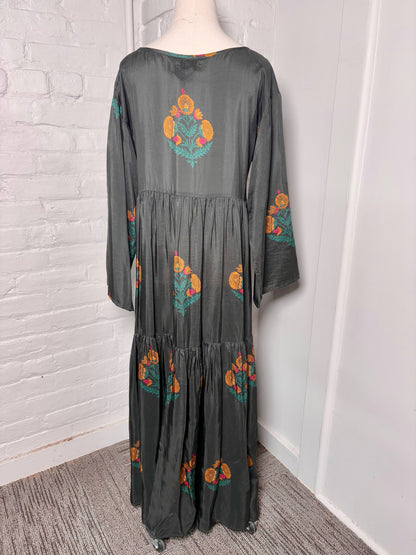 Women Size S Pink Chicken Black Floral Maxi Silk Dress