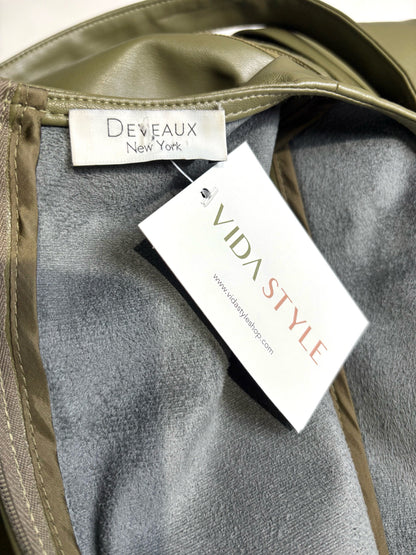 Women Size 10 Deveaux New York Olive Green Faux Leather Pre-Owned Midi Dress