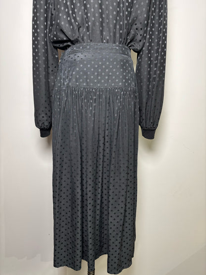Women Size 6 Vintage Valentino Black Dot 2 Piece Silk Midi Skirt, Top Set