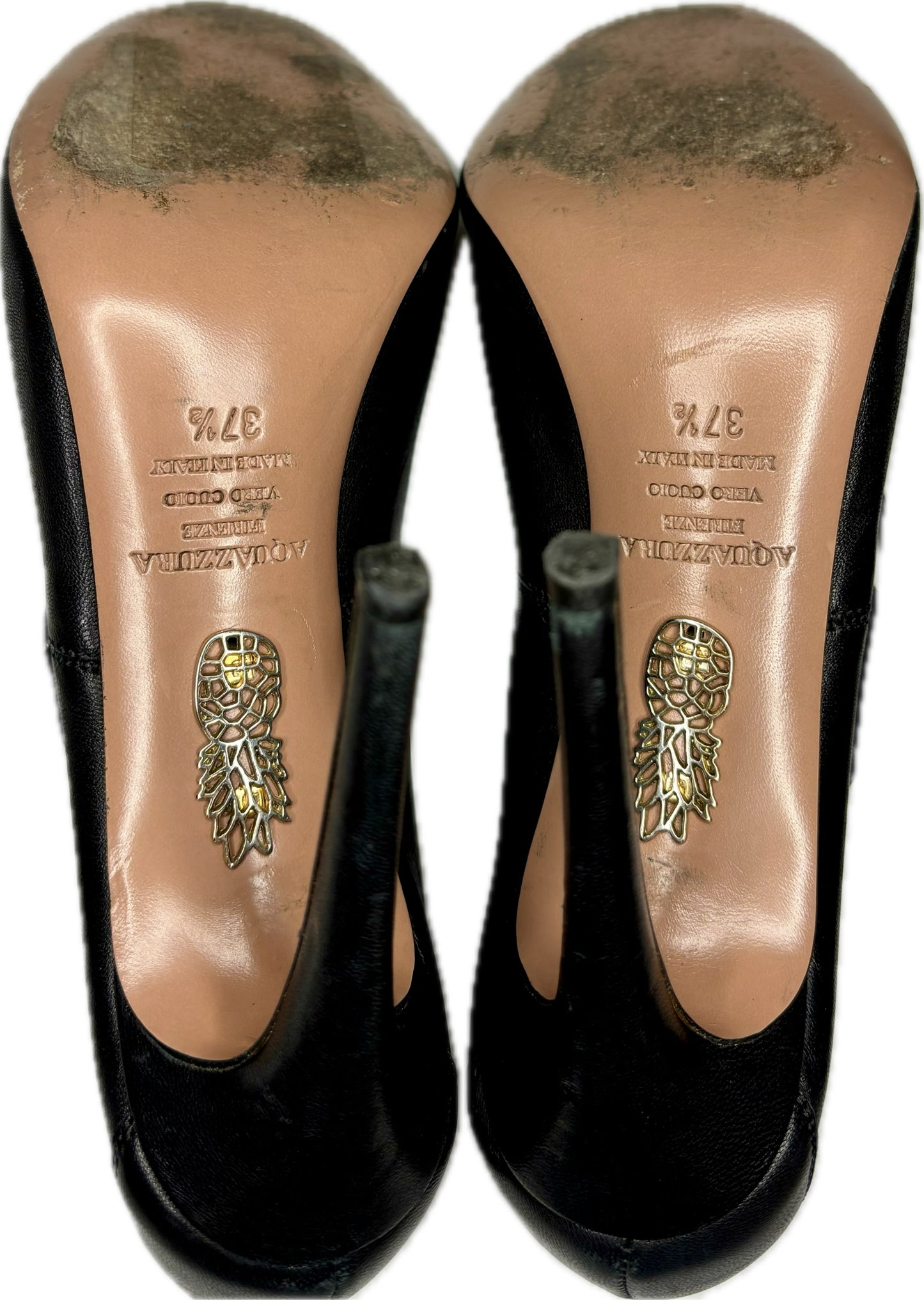 Aquazzura Black Leather Cowhide Cutout Heels, Sz 37.5