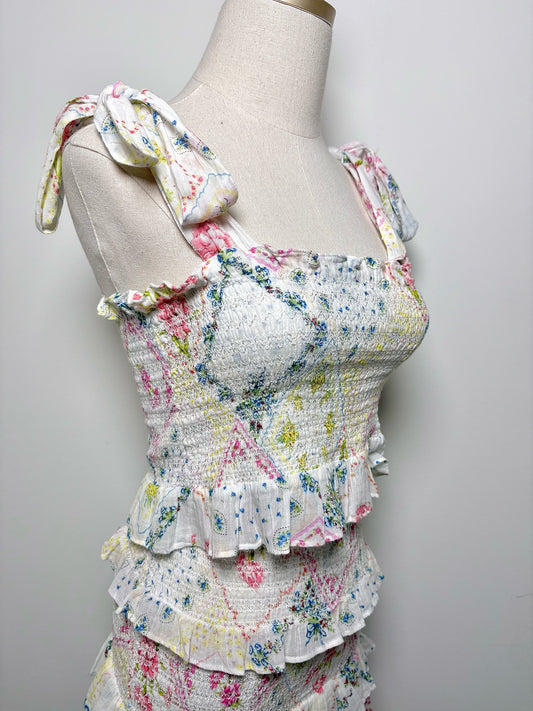 Women Size XS LoveShackFancy White, yellow, pink, blue Floral Cotton Shirt