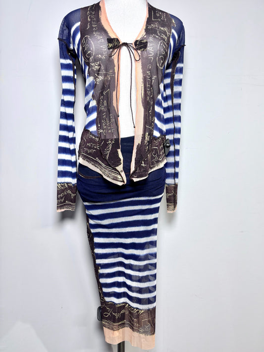 Women Size S (Estimate) Jean Paul Gaultier Blue, White Striped 2 Piece Mesh Set