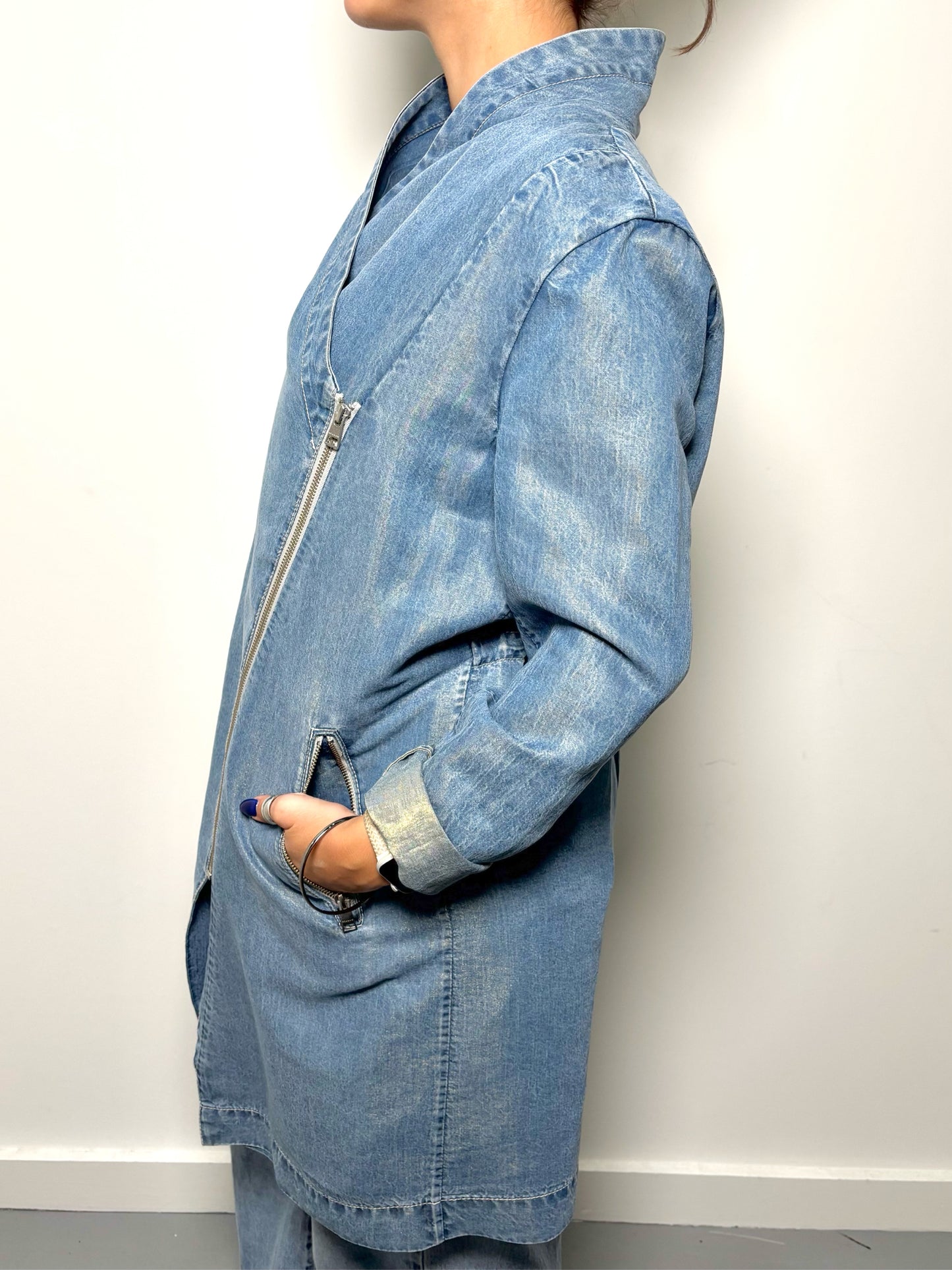 Women Size M SOIA & KYO Washed Blue Solid Tencel Blend Pre-owned Jacket