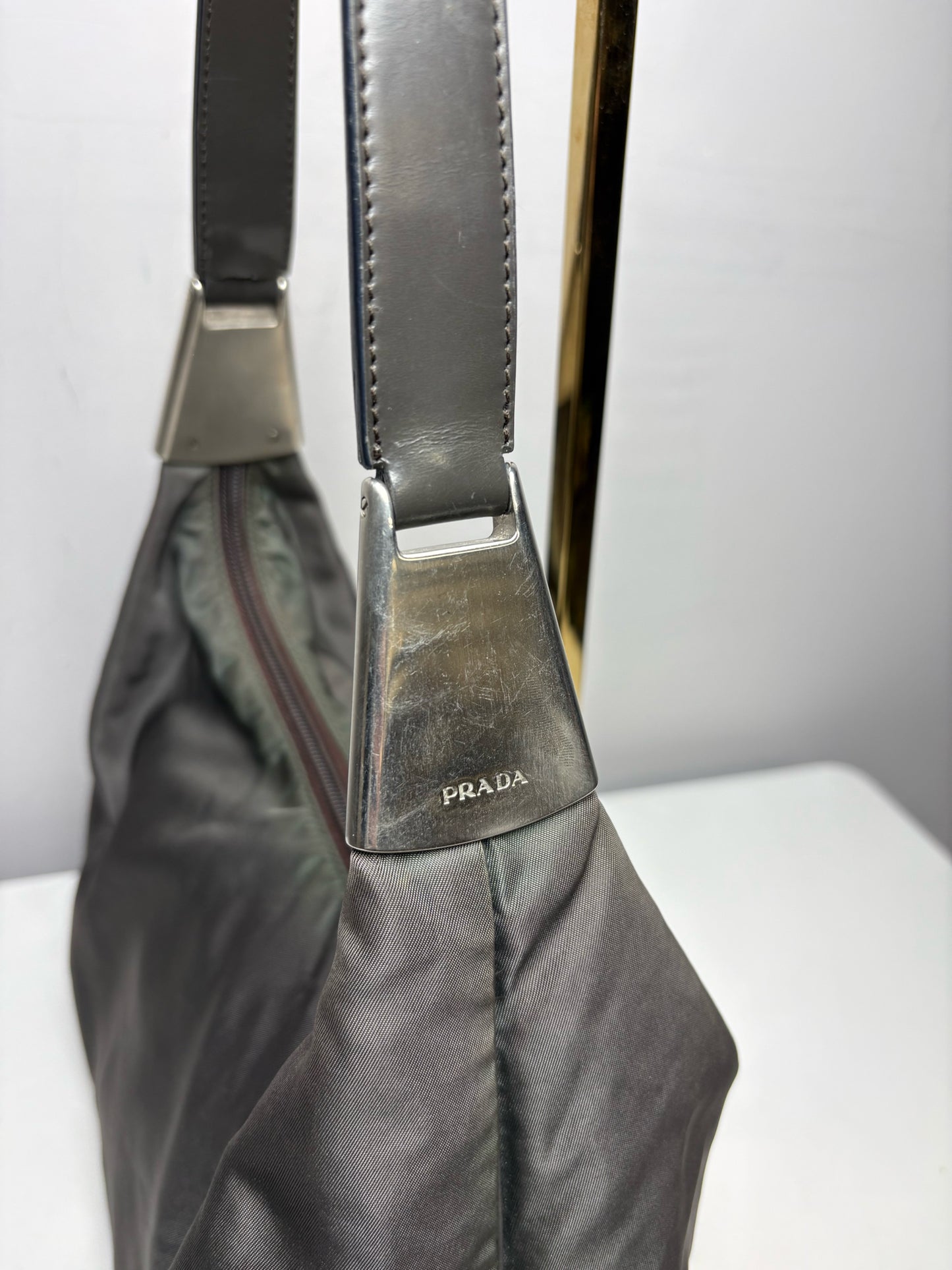 Women's Prada Tessuto Spazzolato Gray Nylon Leather Vintage Y2K Rare Pre-Owned Small Purse