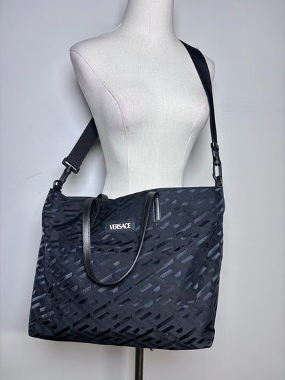 Versace Jacquard, Monogram Nylon Pre-owned Black Leather + Pouch Crossbody Tote