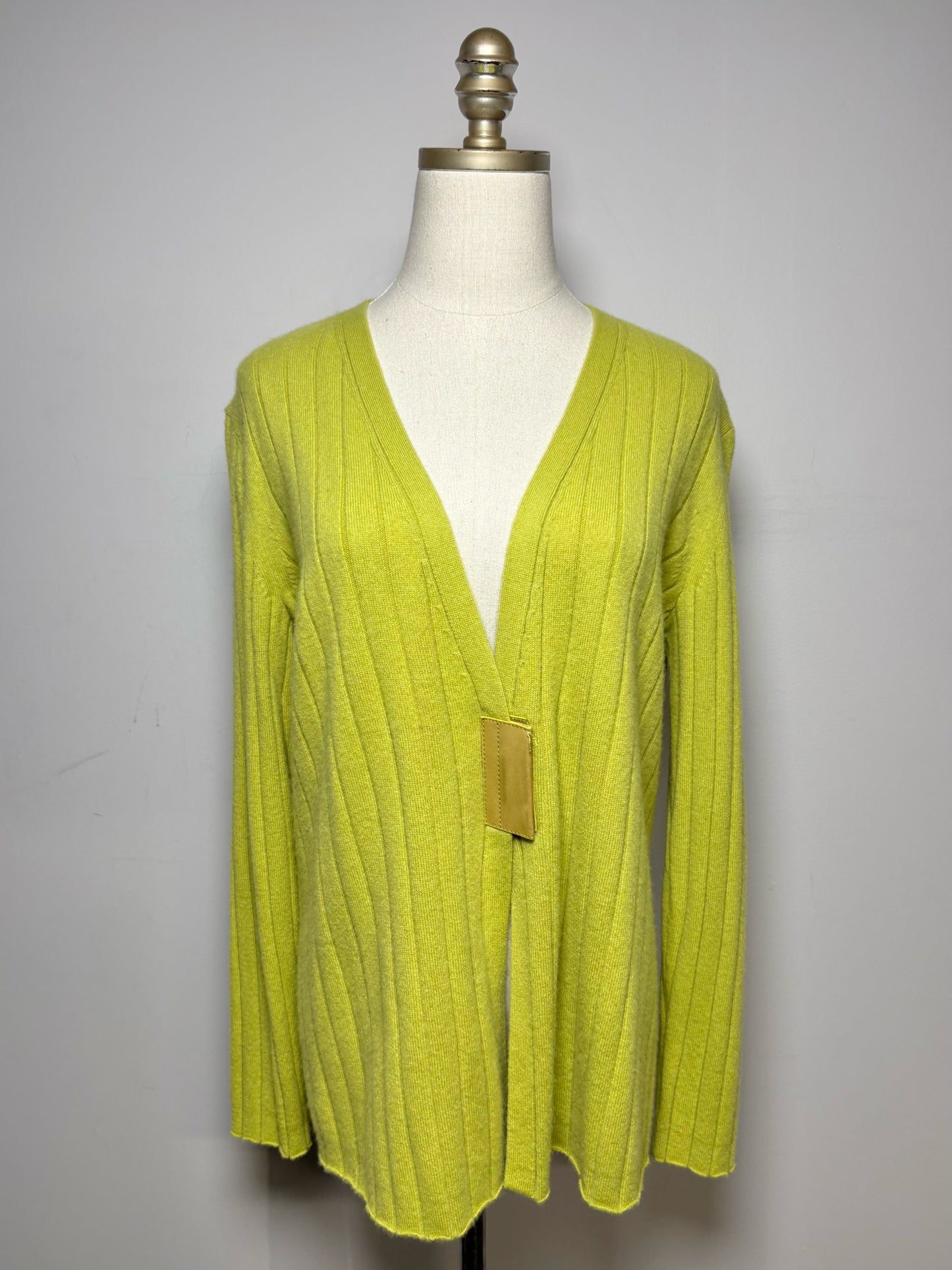 Women Size M Lafayette 148 Lime Green Striped Pure Cashmere Pre-Owned Cardigan