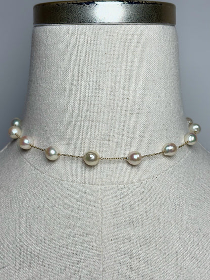 Multi-color Pearl Station 14k Gold w/Heart-shaped Clasp Necklace