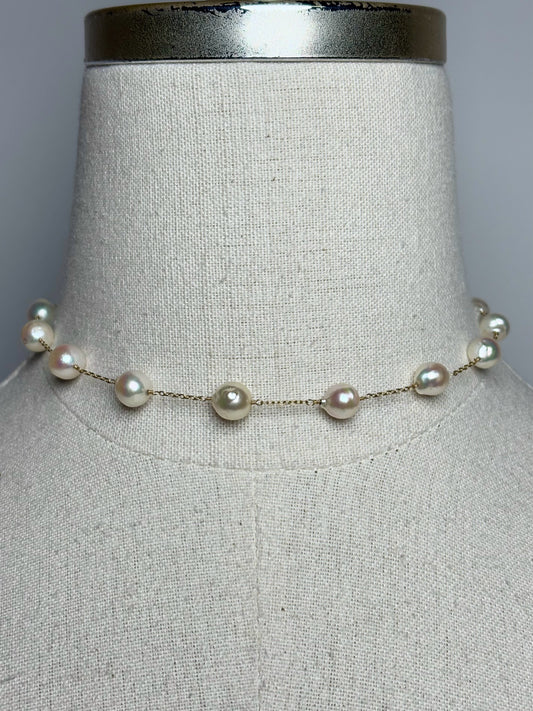 Multi-color Pearl Station 14k Gold w/Heart-shaped Clasp Necklace