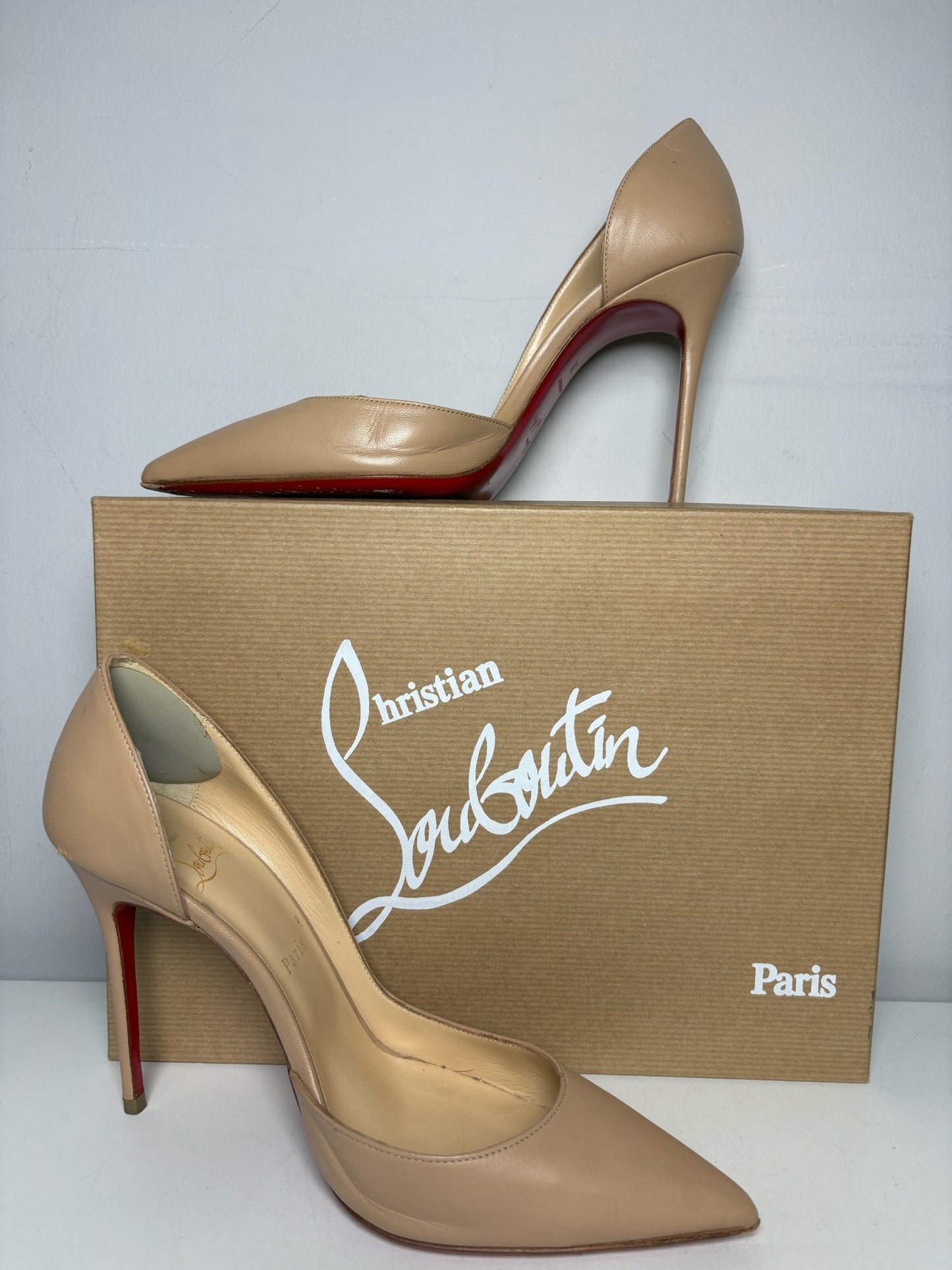 Women's Shoe Size 38 Christian Louboutin Iriza Nude Leather Pre-Owned d'Orsay Heels