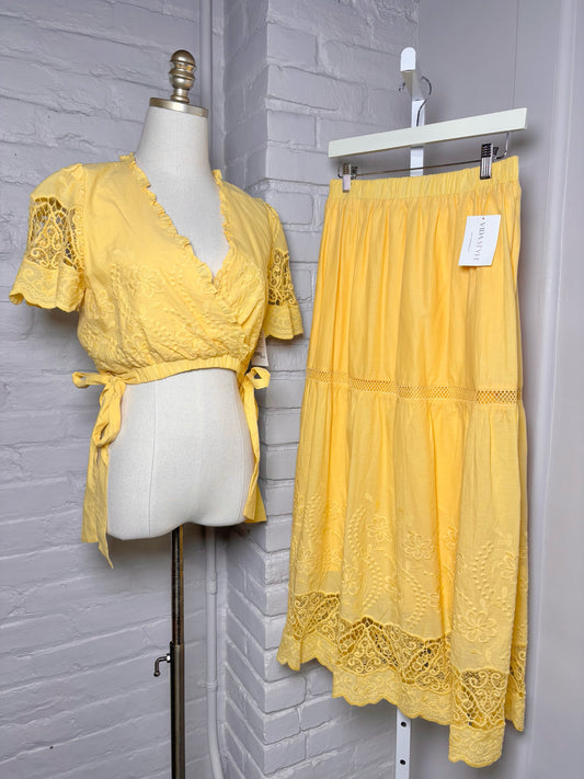 Women Size S Just Me Yellow Floral Embroidered Not Vintage Cotton 2 Piece Set