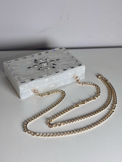 Asha Pearlescent Hardshell Crystal Embel  Pre-owned, NWT White Small Purse