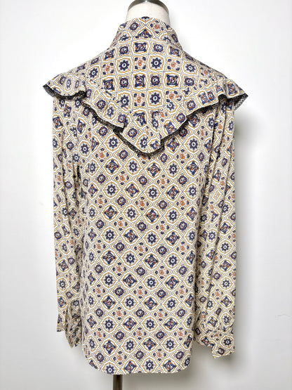 Women Size 10 Veronica Beard White, navy, brown Print Silk Blouse