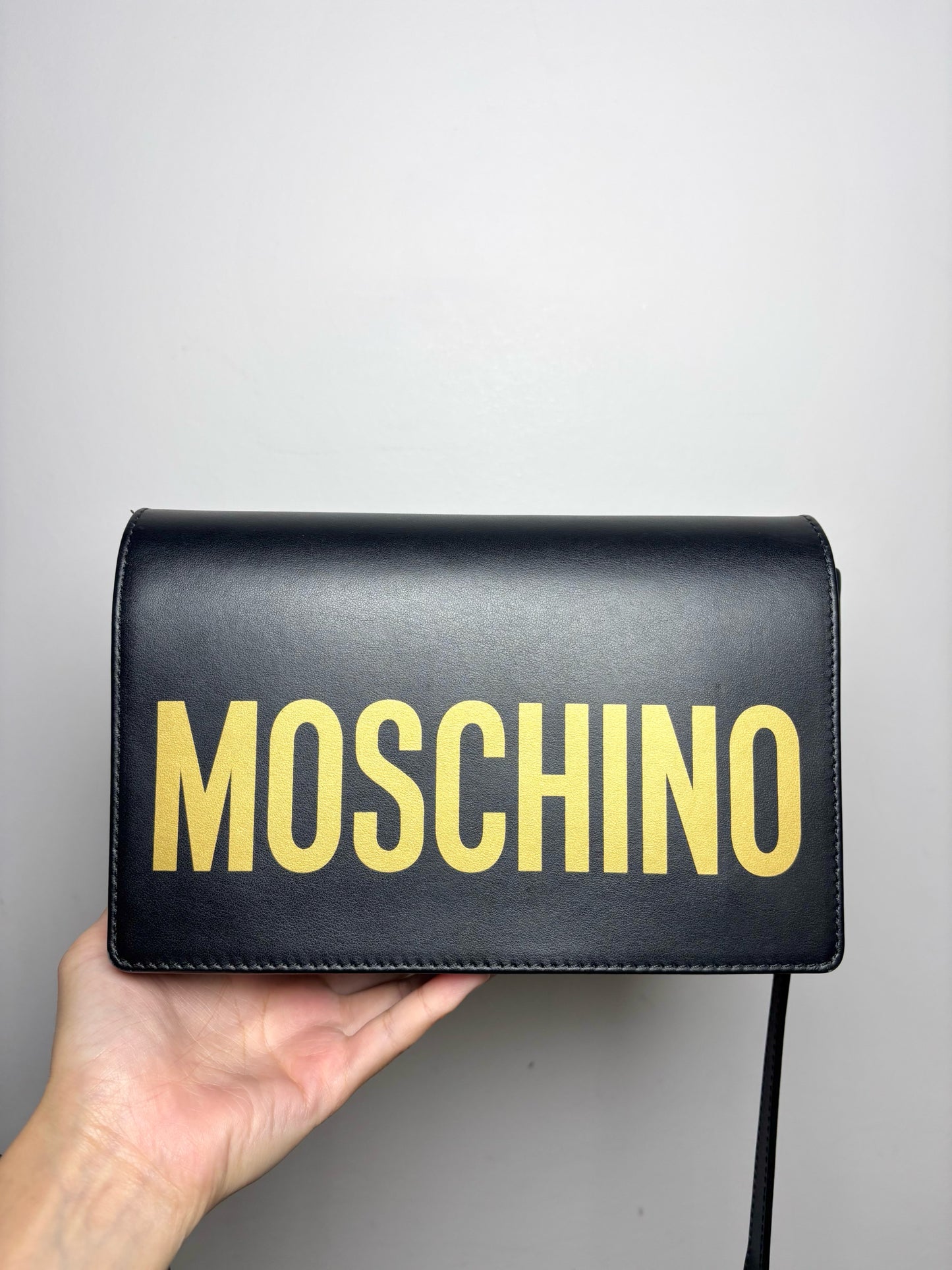 Moschino Solid Leather Black Crossbody Lettering Purse