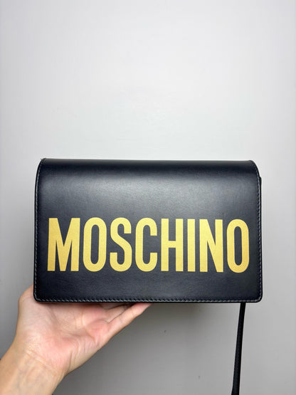 Moschino Solid Leather Black Crossbody Lettering Purse