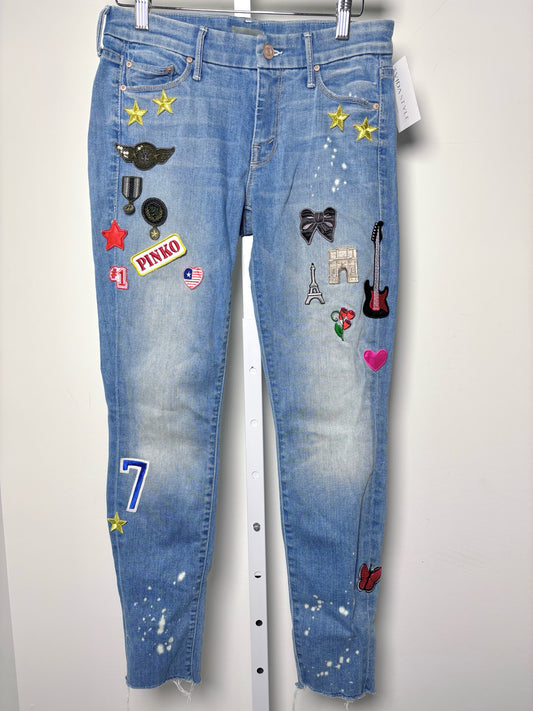Women Size 27 (4) Mother Light Blue Solid w/Patch Embellishments Denim Jeans