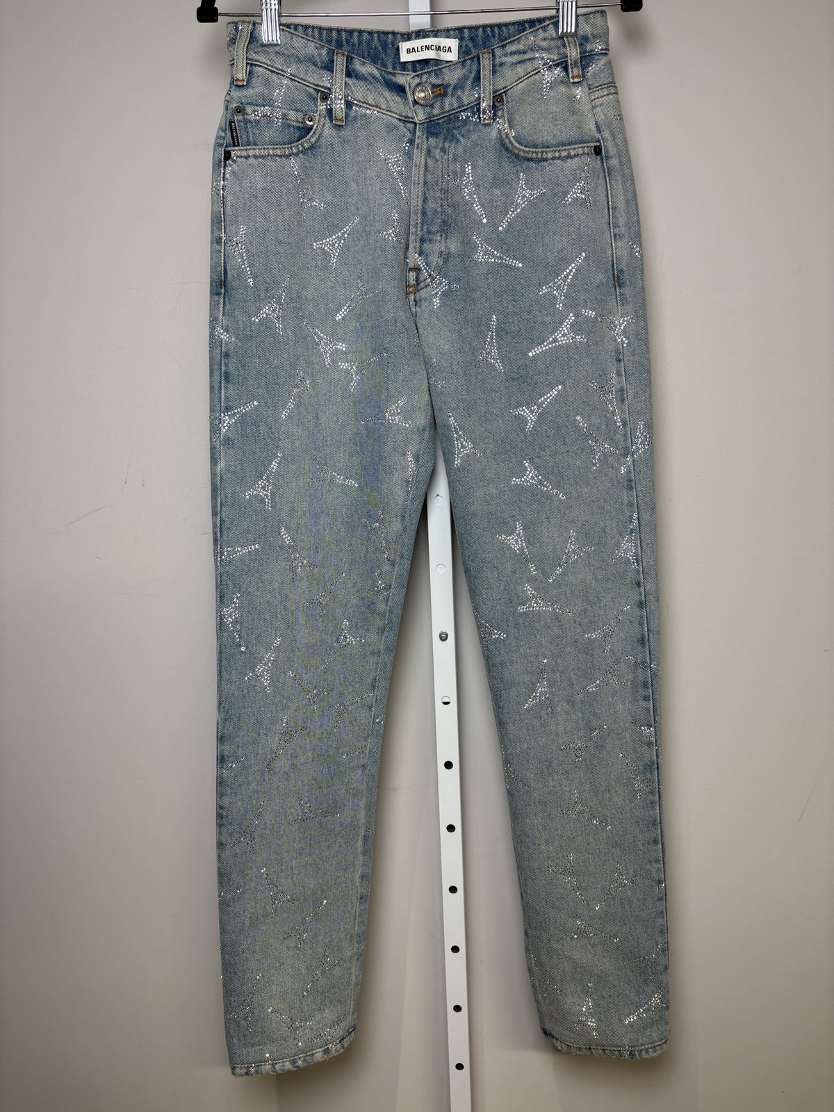 Women Size 27 Authentic Balenciaga Blue Denim Crystal Eiffel Tower Pre-Owned Straight-Leg Jeans