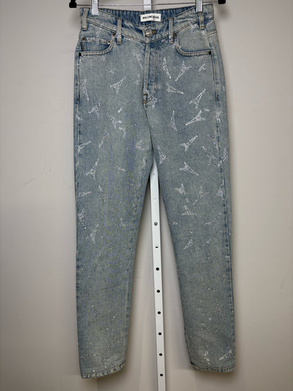 Women Size 27 Authentic Balenciaga Blue Denim Crystal Eiffel Tower Pre-Owned Straight-Leg Jeans