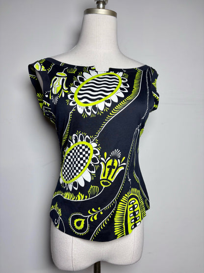 Women Size 6 (M) Emilio Pucci Black, Chartreuse, White Abstract Print Top