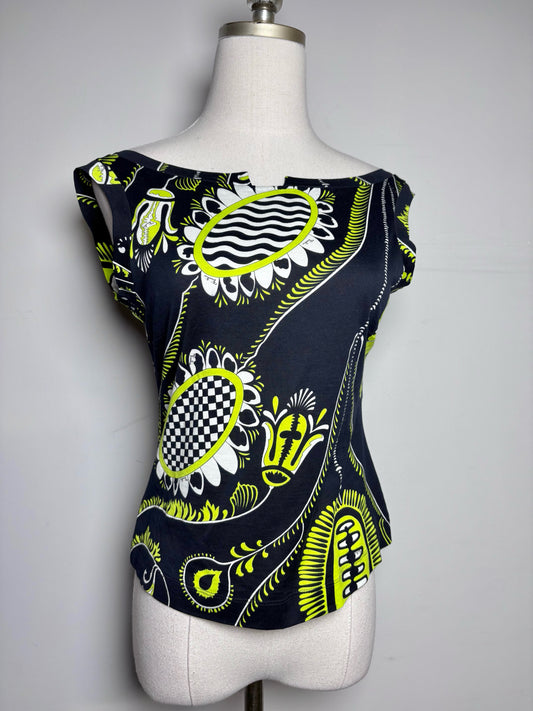 Women Size 6 (M) Emilio Pucci Black, Chartreuse, White Abstract Print Top