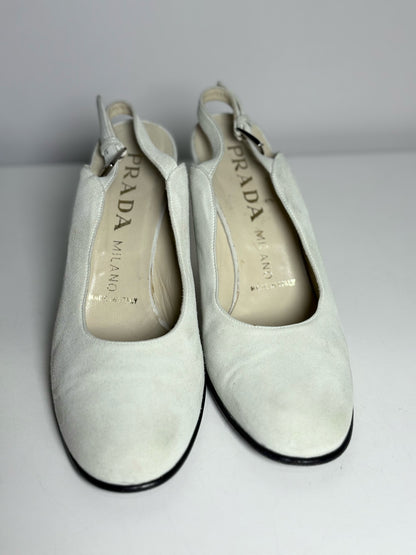 W Shoe Size 38 (8.5 US) Prada Bone/Cream Suede Curved Block Heel