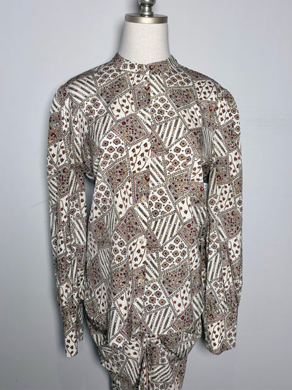 Women Size 8 Veronica Beard Cream Abstract Art Silk, 2-Piece Set