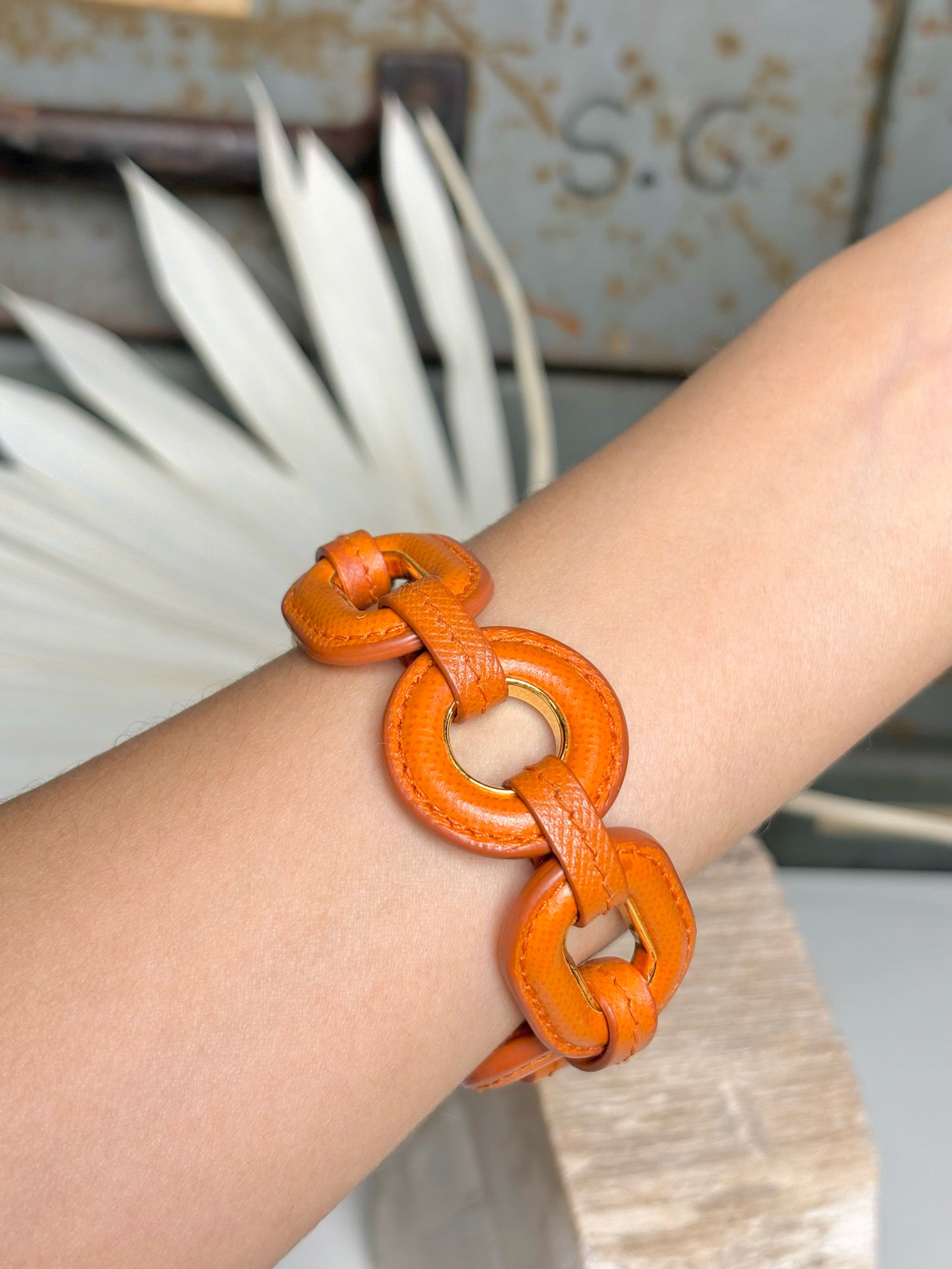 Pre-Owned Prada Leather Chain Links Orange Bracelet