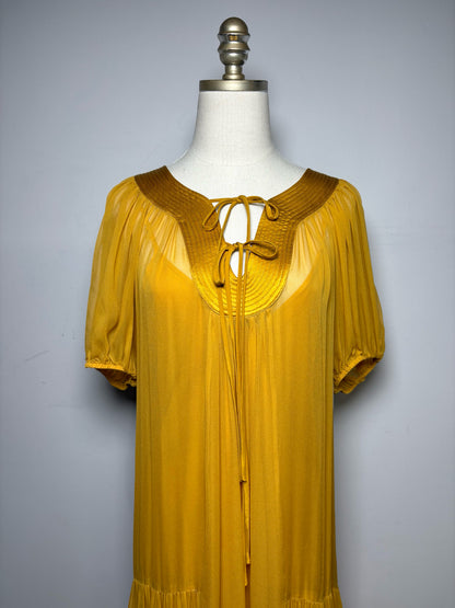 Women's Size M La Ligne New York Mustard Pre-Owned Tiered Midi Dress with Slip