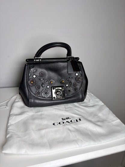 Women's Coach #54079 Willow Floral Leather Pre-owned Black Top Handle Rare Bag