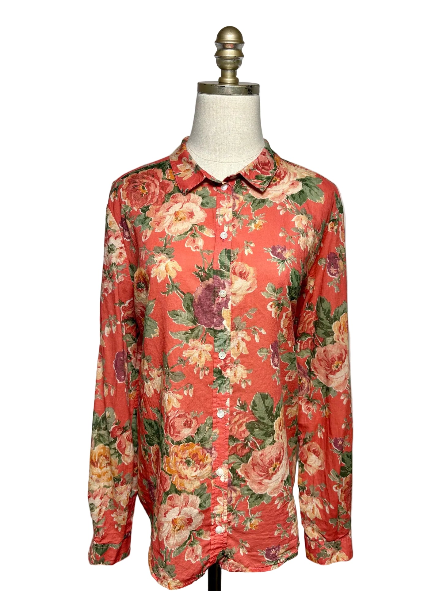 Women Size 42 Sézane Orange & Red Floral Print Pure Cotton Pre-Owned Button-Down Shirt