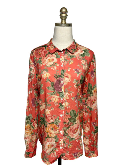 Women Size 42 Sézane Orange & Red Floral Print Pure Cotton Pre-Owned Button-Down Shirt