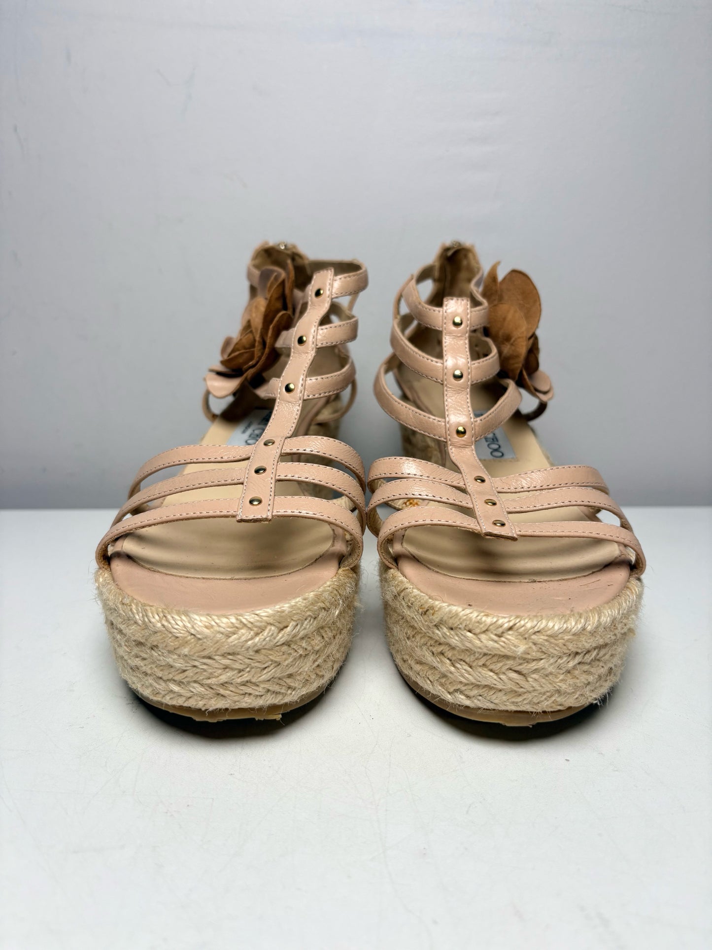 Women's Shoe Size 39 Jimmy Choo Pulse Cage Beige Leather Rare Pre-Owned Espadrille Wedge Sandals