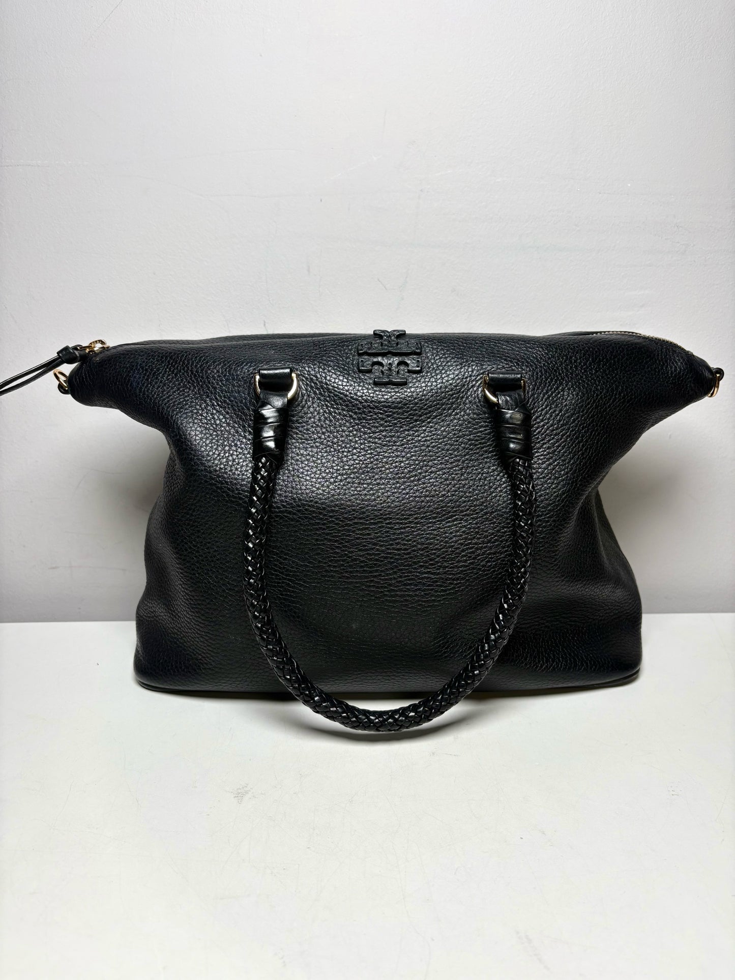 Women's Tory Burch Black Pebble Leather Woven Handle Pre-Owned Shoulder Bag